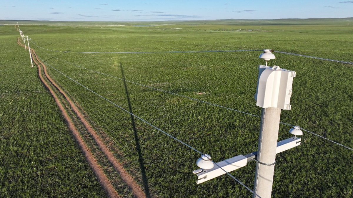 Drone view of fully mitigated power line across Mongolian steppe