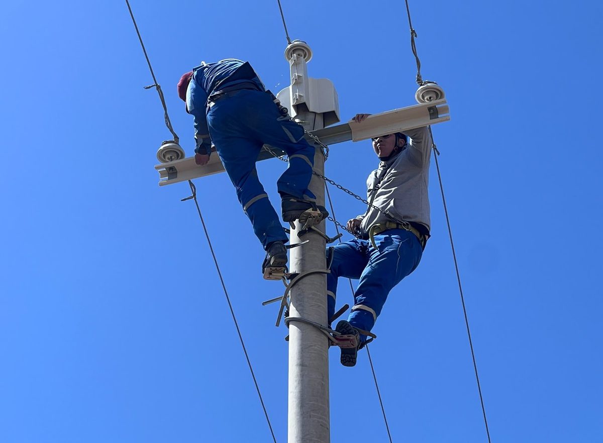 Electrical engineers and workers installing insulation covers on a de-energized power pole
